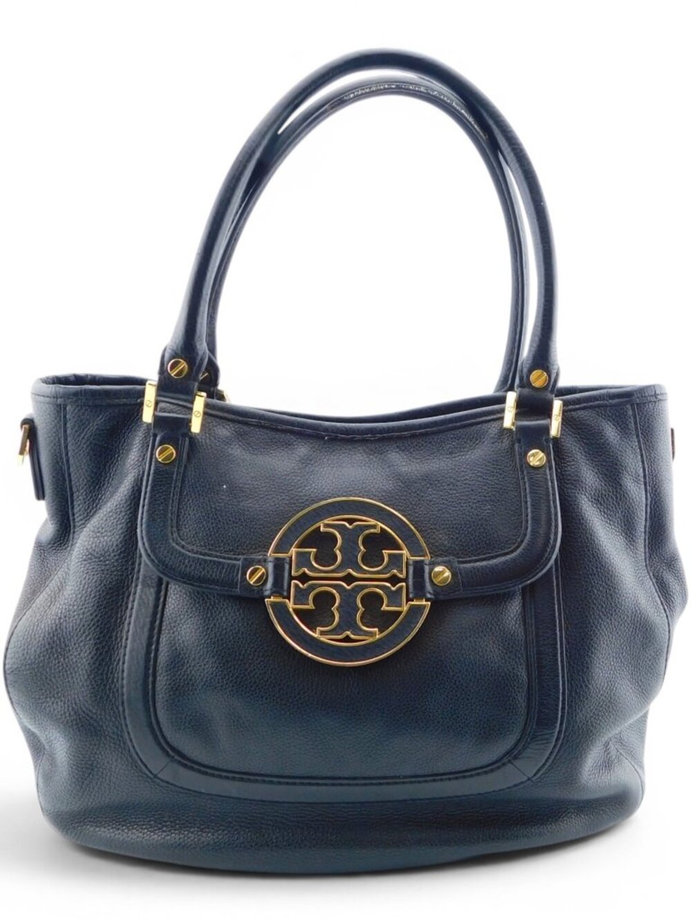Tory Burch Logo Black Pebble Grain Leather Tote Handbag
